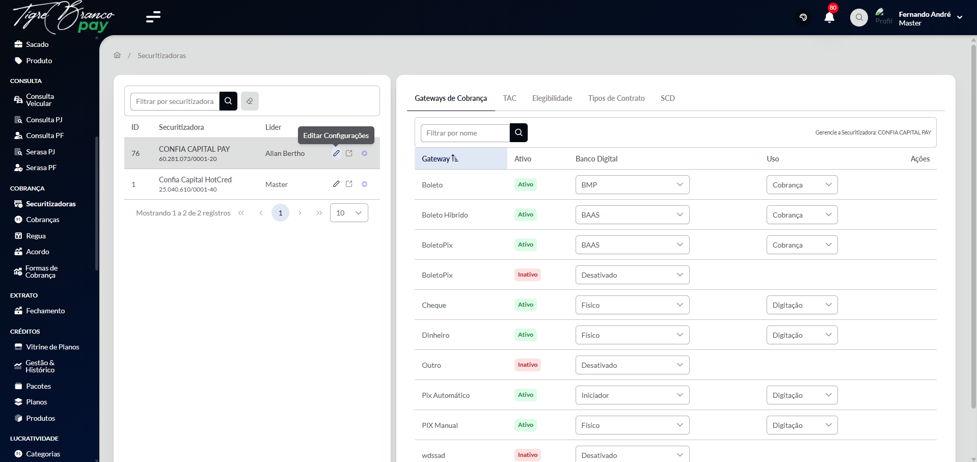 Figura 4.1 — Tela de configuração da Securitizadora